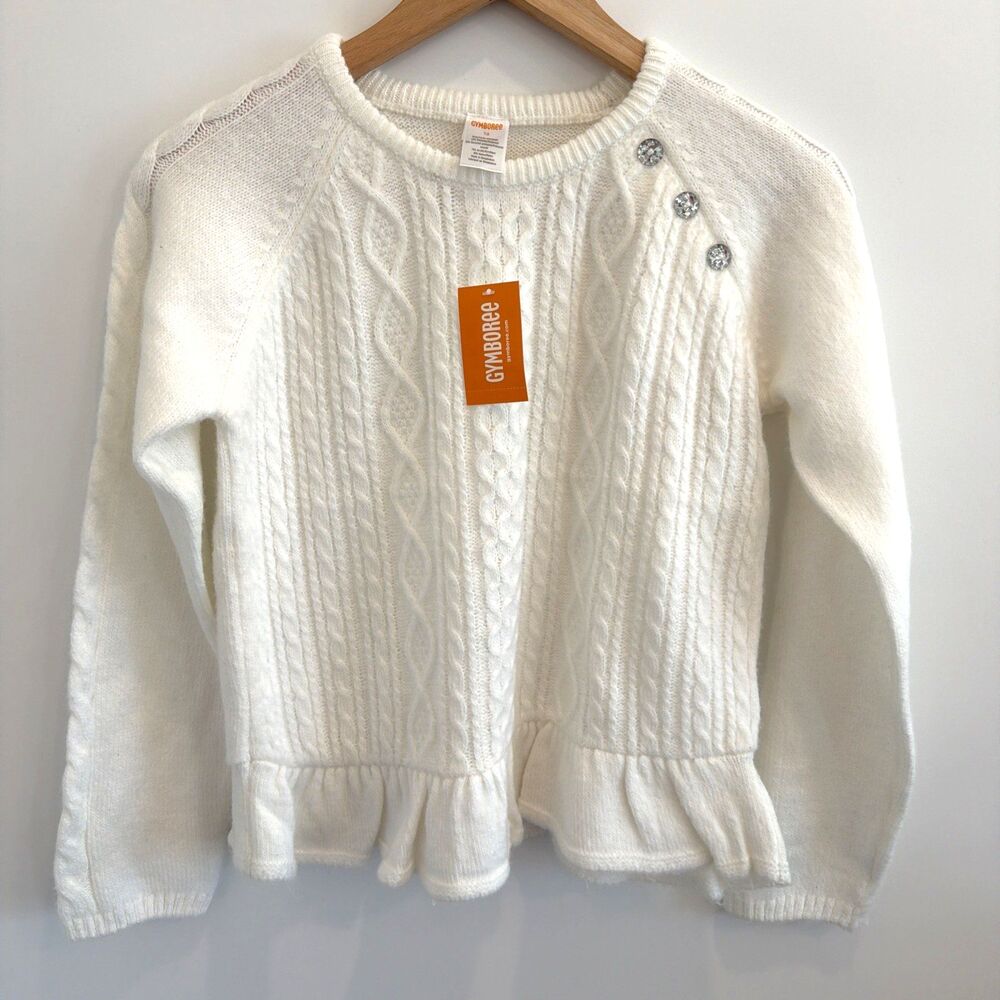 NWT Gymboree Girls Sz 12 Ivory Cable Knit Peplum Sweater Jewel Button Detail
